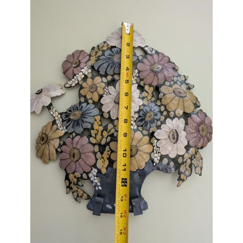 Vintage MCM Metal Enamel Toleware Tole Flower Floral Wall Hanging Cottagecore